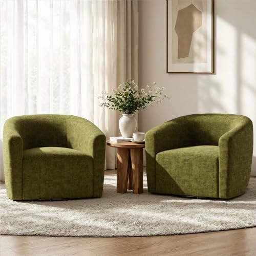 YaFiti Modern Swivel Accent Chair 1 pcs, Round Barrel Club Armchair, Green | Chenille Fabric, 24.4” Deep Seat, FSC Solid Wood, 400lbs Capacity, Barrel Club Chair, Upholstered Armchair for Living Bedroom - color: Green