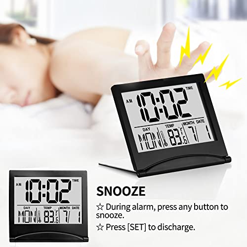 Betus Digital Travel Alarm Clock – Foldable Calendar, Temperature & Timer with Snooze – Large Number Display, Battery Operated – Compact Desk Clock for Home & Office (Black) - color: Black