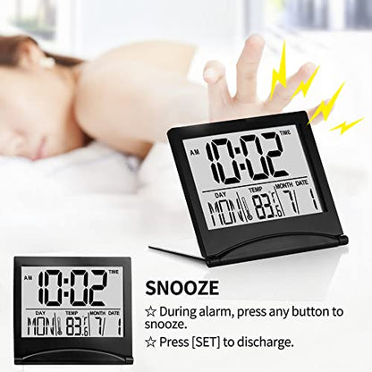 Betus Digital Travel Alarm Clock – Foldable Calendar, Temperature & Timer with Snooze – Large Number Display, Battery Operated – Compact Desk Clock for Home & Office (Black) - color: Black