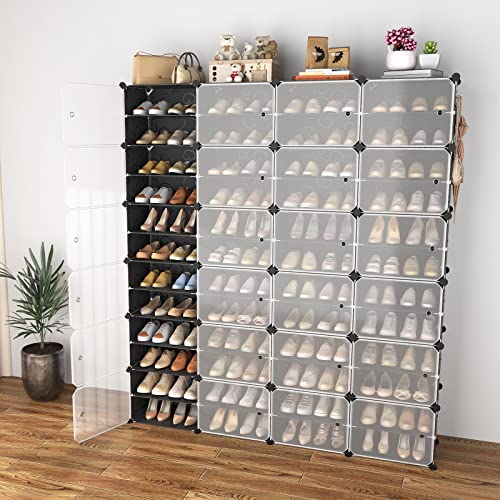 Portable Shoe Rack Organizer with Door, 96 Pairs Shoe Storage Cabinet Easy Assembly, Plastic Adjustable Shoe Storage Organizer Stackable Detachable Free Standing DIY Expandable 12 Tier Black - color: Black, size: 64" Wide-96 Pairs