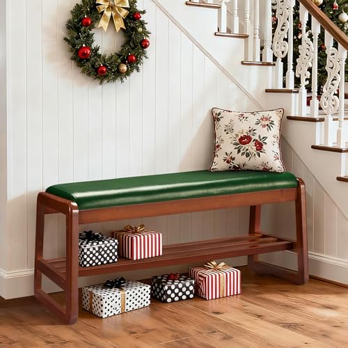 Solid Wood Shoe Rack, Entryway Shoe Bench with Cushion, 2 Tier Shoes Organizer for Entryway, Hallway, Living Room-(Green,39.37"-L) - color: Green, size: 39.37" length