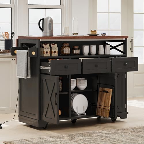 46.5'' Farmhouse Kitchen Island with Charging Station, Drop Leaf & Bead Drape - Mobile Rolling Cart, Ample Storage, Rustic Wood Grain Countertop for Compact Spaces (Black+Brown) - color: Black+brown)