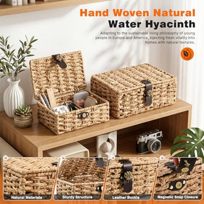 Water Hyacinth Wicker Storage Baskets with Magnetic Lids, Set of 2 | 2-Piece handwoven water hyacinth boxes with magnetic lids and metal frames for shelves, coffee tables, and consoles