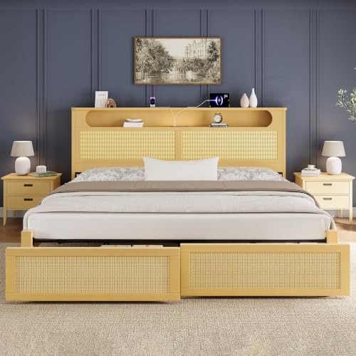 Belffin King Size Rattan Bed Frame Wood with 2 Storage Drawers, Natural | Platform Bed with Storage Headboard, Reading Lights, Solid Wooden Slats, Noise Free, No Box Spring Needed, Easy Assembly - color: Natural, size: King