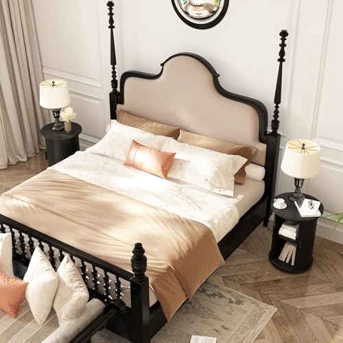 Wnutrees Round Fluted End Table, Small Accent Pedestal Side Table, Black | Wood Nightstand with Sliding Door & 2 Tier Shelf, Bedside Unit for Living Room, Bedroom - color: Black
