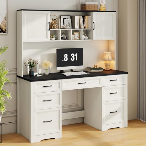 Vabches Farmhouse Executive Desk with 7 Drawers and Storage Cabinet, Rustic Large Home Writing Desk with Hutch, Workstation for Bedroom, Black - color: Cottage Black, size: 19.69"D x 60.24"W x 66.93"H