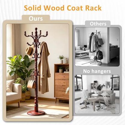 Heavy Duty Coat Rack Stand Freestanding Coat Tree for Small Space,mahogany | Birch Wood Main Pole,Multifunctional,14 Hooks and 1 Round Base,for Hallway,Bedrooms,3 Height Adjustable(48.8-72.3") - color: Mahogany