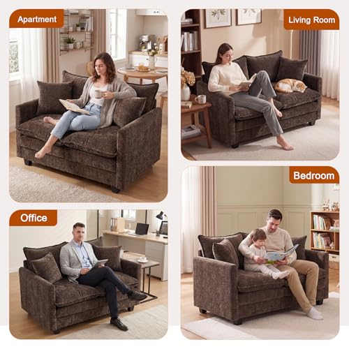 50'' Loveseat Sofa Cloud Sofa Couch, Modern Loveseats 2 Seat Couch 27" Deep Seat with 2 Pillows for Small Spaces Apartment Studio Office Bedroom Living Room, Brown - color: Brown, size: 50"