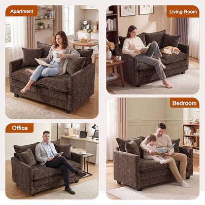 50'' Loveseat Sofa Set, Small Couch Set 2 Piece Cloud Love Seat with 27" Deep Seat Washable Chenille Pillows Couches for Small Spaces Apartment Living Room, Brown - color: Brown, size: 50"+50"