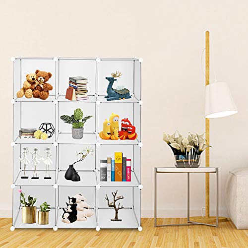 VINGLI Cube Storage, 12 Cubes Organizer Shelves Plastic Book Shelf, DIY Modular Storage Cube Organizer w/Hammer for Bedroom Living Room Office - Translucent White