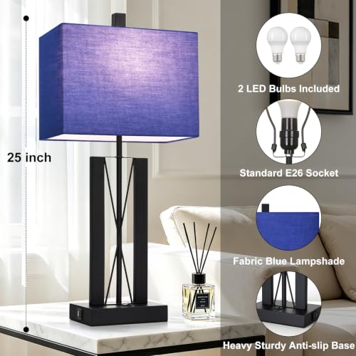 Lolikit 25" Table Lamps for Living Room Set of 2, Bedside Lamps for Bedroom | 2 USB Charging Ports,Blue and Black,Geometric Industrial Contemporary,2 LED Bulbs Shade Included,Nightstand,End Table - color: Blue - 25"H