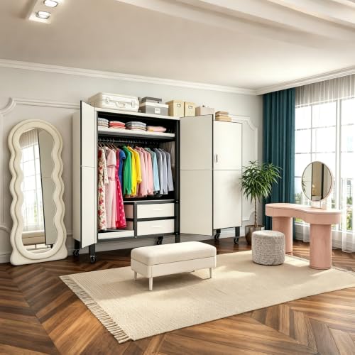 Portable Closet with Drawers Heavy Duty with Cover, KT-white L:49.2in/125cm | Foldable Portable Armoire Wardrobe Closet for Hanging Clothes Rack and Wheel, Garment Rack for Bedroom Storage - color: Kt Off-white, size: L:49.2in/125cm