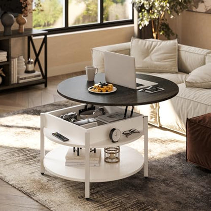 FABATO 26.77” Round Lift Top Coffee Table with Storage, White | Farmhouse Coffee Table, 2 Tier Small Round Center Table, Center Table for Living Room, Circle Dining Table - color: Antique White
