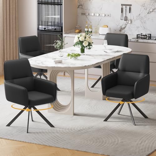Modern Swivel Dining Chairs Set of 4, Upholstered Dining Room Chairs with Thicken Cushion, 360°Swivel Dining Chairs with Metal Legs for Dining Room, Kitchen, Bedroom, PU, Black - color: Black, size: Set of 4