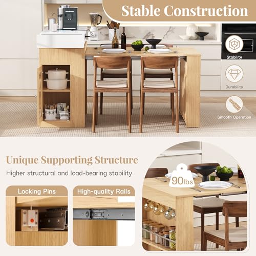 Extendable Dining Table with Folding Tabletop & Power Outlet, Modern Kitchen Island Sideboard with Wheels, Hidden Drawers & USB Charging, Sturdy Buffet Table for Small Spaces (Natural) - color: Natural