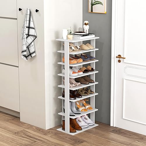Tangkula 8-Tier Vertical Shoe Rack, Space-Saving Corner Shoe Organizer for 14 Pairs, Narrow Shoe Storage for Entryway, Front Door, or Closet - color: White, size: 10" x 18.5" x 43.5"