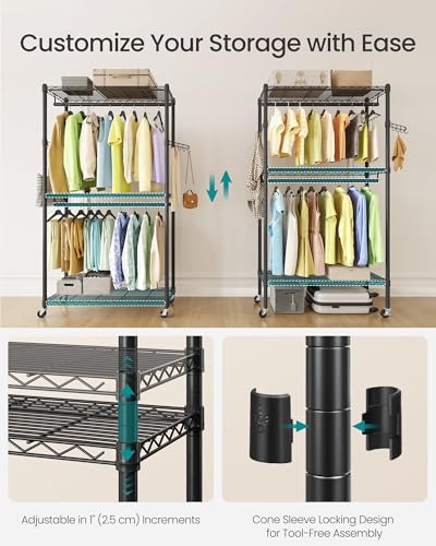 SONGMICS Clothing Rack, Heavy-Duty Garment Rack, Adjustable Storage Shelves | Freestanding Portable Wardrobe Closet, Hanging Rails, Ink Black, DALTEN Collection ULGR413B01 - size: 35.4"W x 78.3"H, style: Without Fabric Cover