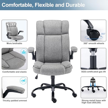 Fabric Office Chair High Back Executive Ergonomic Chair Flip Arms | Premium cloth fabric office chair with high back ergonomic support, flip-up arms, adjustable height, 90°-120° tilt function - color: Grey