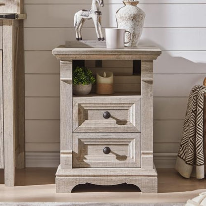 Nightstand Set of 2, 18" Wood Side Table with Charging Station Roman Column | End Table, Bedside Cabinet for Bedroom, Living Room, Light Rustic Oak - color: Light Rustic Oak, size: 18"D x 18"W x 24"H