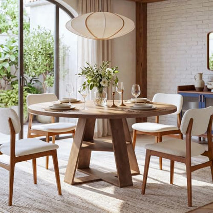 Tribesigns 47.24" Round Dining Table for 4-6, Modern Farmhouse Circle Kitchen Table with X-Cross Base & Storage Shelf, Wooden Pedestal Base for Dining Room Kitchen, Brown