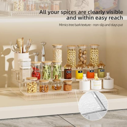 3-Tier Expandable Clear Spice Rack Organizer 2 Pack Adjustable Tiered Seasoning Shelf with Non-Slip Textured Surface, Multi-Purpose Cabinet Organizer for Kitchen Pantry Countertop Vanity