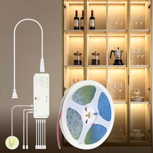 12V COB LED Lights Strip for Shelves Cuttable Warm White 3000K 7-in-1 DIY | 16.4FT Display Cabinet Light Strip,with Hand-Sweep On/Off,Plug in Dimmable Shelf Lights,for Bookshelf Closet 5M Self-Adhesive - color: Warm White, size: 5M