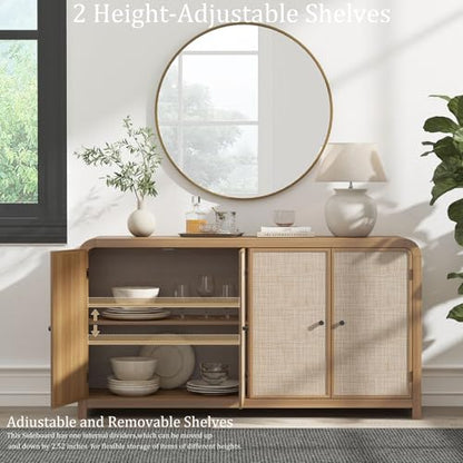 Oak&Sparrow Oak Rattan Sideboard Buffet Cabinet, 60'', 4 Doors | Boho Style, Adjustable Shelves, With Storage, For Living Room, Hallway & Kitchen - color: Natural Oak