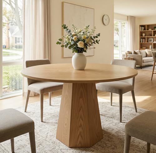BESTANO 39” Round Solid Wood Dining Table for 4-5 People, Modern Pedestal Dining Kitchen Table, Farmhouse Small Wood Dining Table for Kitchen Easy Assemble, Saving Space, Brown - color: Brown, 39” Round