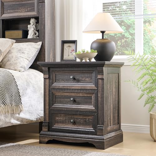 26"H Night Stand Set of 2, 23.6"W Wooden End Table with Charging Station | Wood Side Table w/Roman Column, End Tables Living Room Set Of 2, Bedside Cabinet for Bedroom, Living Room, Dark Rustic Oak - color: Dark Rustic Oak, size: 23.6"W x 15.7"D x 26"H