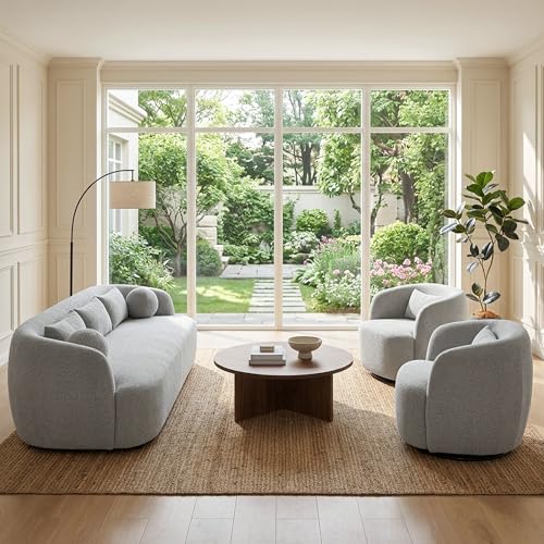 KINWELL 85" Boucle Upholstered Sofa with 2 Swivel Barrel Chairs, Grey | No Assembly Sherpa Living Room Furniture Sets, 3-Seater Couch Settee and Accent Chairs Armchairs for Small Spaces Apartment - color: Ash Grey, size: Sofa + 2 Chairs