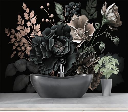 Eierme-Black Background with Flowers and Leaves Mural Wallpaper Peel and Stick 90" x 67" - color: No.14, size: 90" x 67"