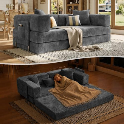 79" Convertible Futon Sofa Bed, Boneless Couch for Living Room | Pet scratch-resistant velour, dual-firmness full-block foam cushions, pull-out sleeper couch, no assembly, Deep Gray - color: Dark Gray, size: 78IN