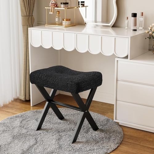 18-Inch Vanity Stool Chair, Black Makeup Stool | Teddy Flannel Vanity Bench, Metal X-Leg, 300 LBS, 16.3"x12.4"x18", Ottoman Accent Stool, Breathable Soft Saddle Seat - size: Small, style: Black Fabric