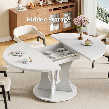 43-59" Expandable Round Dining Table, Kitchen Table with Hidden Storage | Space Saving White Modern Design, Solid Pedestal Base for Dining Room & Small Apartments, Wood Table, Easy Assembly
