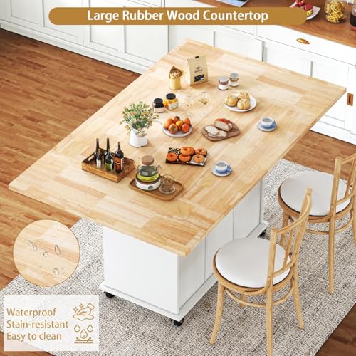 62.8 INCH Rolling Kitchen Island Cart with Double Drop Leaf, Small Mobile Kitchen Cart on Wheels, Folding Kitchen Island with Large Tbletop, Adjustable Shelves for Dining Room - color: White