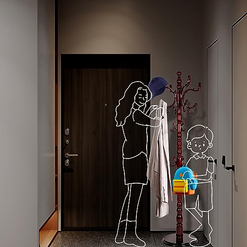 Coat Racks Free Standing with 14 Hooks, Natural Wood Coat Rack with Solid Round Base, Adjustable Height Coat Racks, Easy Assembly for Hallway, Bedroom and Office (Reddish brown) - color: Reddish brown
