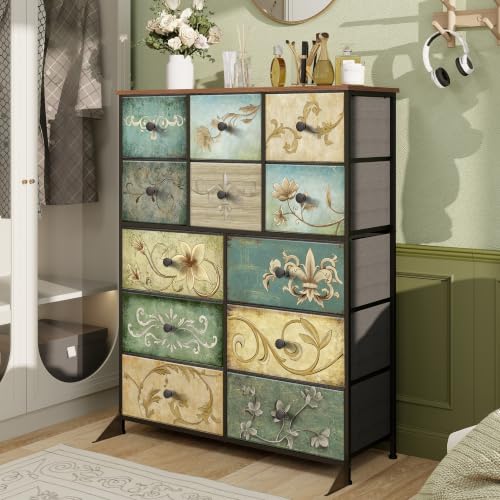 Dresser with Drawers for Bedroom Chest of Drawers Fabric Dresser for Closet,Nursery Entryway Hall Tree TV Stand for Living Room Retro Floral Pattern Drawers Wooden Top (12 Drawers) - size: 11.8"D x 39"W x 48.4"H (12 Drawers)