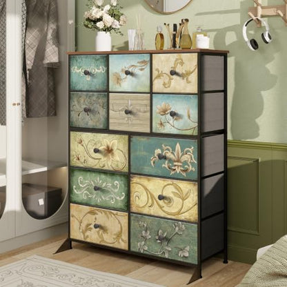 Dresser with Drawers for Bedroom Chest of Drawers Fabric Dresser for Closet,Nursery Entryway Hall Tree TV Stand for Living Room Retro Floral Pattern Drawers Wooden Top (12 Drawers) - size: 11.8"D x 39"W x 48.4"H (12 Drawers)