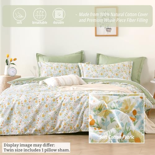 LEMIROE Floral Cotton Comforter Twin Size 2Pcs - Yellow and Blue Tiny Flowers & Little Lambs on White, Sage Green Back, Reversible Lightweight Bedding Sets with Soft Fill(1 Comfoter, 1 Pillowcase) - color: Tiny Blooms & Lambs - Sage Green, size: Twin/Twin