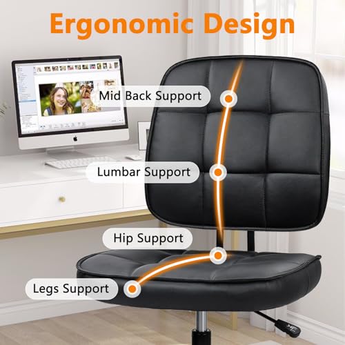 CLATINA Armless Home Office Chair with Lumbar Support and Wheels, Small PU Leather Ergonomic Low Back Desk Chairs No Arms, Adjustable Height 360° Swivel Rolling Computer Task Chair, Black - color: Black-heibao, size: 1 Pack