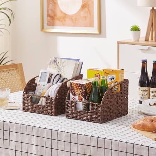 OIAHOMY Pantry Baskets for Organizing, Paper Rope Baskets with Built-in Handles, Wicker Storage Bins for Shelves, 2 Pack-Brown - color: Brown
