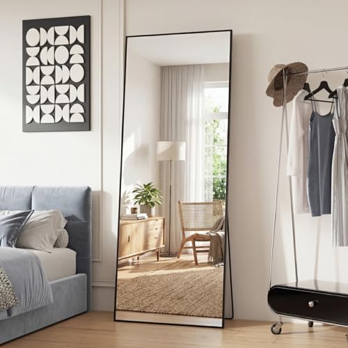 Sweetcrispy 65"x24" Full Length Mirror, Standing Full Body Mirror, Black | Aluminum Alloy Thin Frame, Floor or Standing, Suitable for Bedroom, Living Room, Cloakroom - color: Black-rectangle, size: 65"L x 24"W