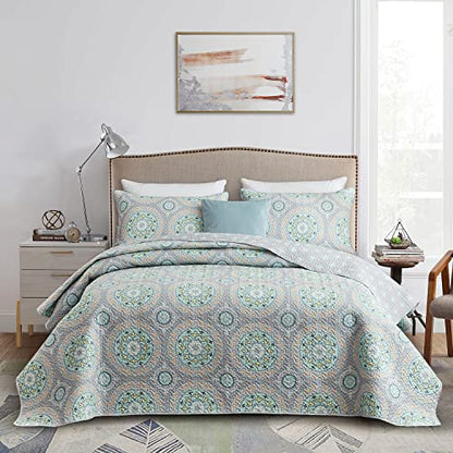 CHIXIN Boho Quilt Queen Size - Bohemian Chic Medallion Design - Lightweight Bedspread Coverlet Set, Ultrasonic Quilting Mandala Bedding Cover for All Season, 3 Piece, Aqua Blue - color: Skyblue/Wheat/White, size: Full/Queen(90"x92")