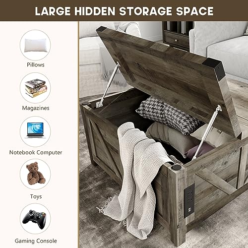 jimeimen Farmhouse Lift Top Coffee Table with Storage, Wood Square Center Table with Charging Station&USB Port, Living Room Table w/Large Hidden Space, for Living Room, Bedroom, Home Office, Grey - color: Grey