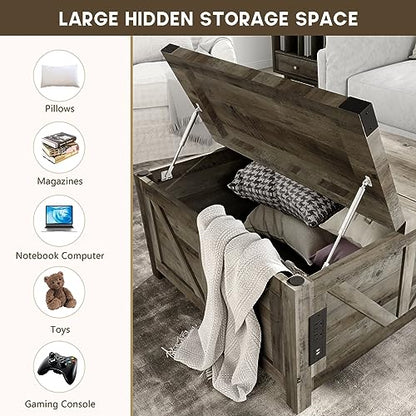 jimeimen Farmhouse Lift Top Coffee Table with Storage, Wood Square Center Table with Charging Station&USB Port, Living Room Table w/Large Hidden Space, for Living Room, Bedroom, Home Office, Grey - color: Grey