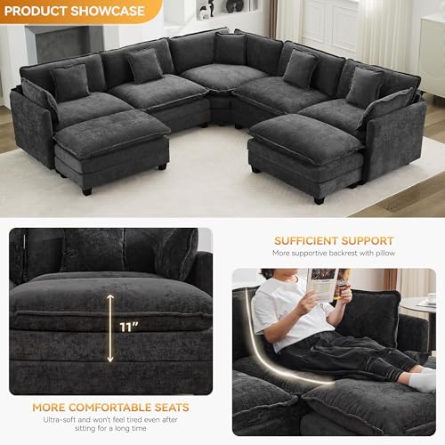 113'' V Shaped Cloud Sectional Sofa, Oversized Deep Seat Couches for Living Room, Chenille Comfy Upholstered Modular Sectional Sofa Couch with 2 Movable Ottoman, Dark Grey - color: Dark Grey, size: 113'' V Shaped+2 Ottoman