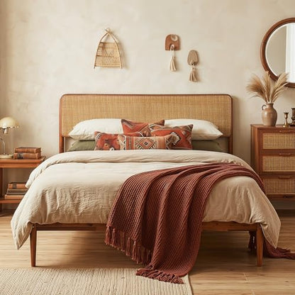 GIANTEX Rattan Queen Bed Frame, Boho Wood Platform Bed with Wicker Headboard, Wooden Mattress Foundation & Support Slats, Under-Bed Storage, Queen Size Bedframe for Adults, No Box Spring Needed - size: Queen