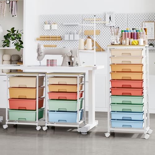 Sykiariol 10 Drawer Rolling Cart,Rainbow | Rolling Cart for Craft Storage,Storage Cart with Lockable Wheels and Wooden Tabletop for Classroom,Office,Living Room - color: rainbow