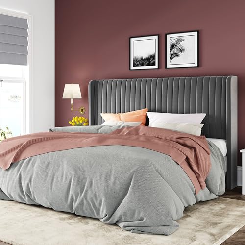 Allewie King Size Velvet Bed Frame/Vertical Channel Tufted Wingback Headboard/Upholstered Platform Bed/No Box Spring Needed/Strong Wooden Slats/Easy Assembly/Grey - color: Grey, size: King