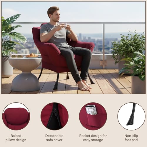 Welnow Burgundy Single Lazy Chair for Adults，Modern Reading Accent Chair | A Side Pocket,Armrests,Thick Cushioned Seat & Backrest, Lounge Reading Chair for Bedroom,Living Room & Small Space - color: Burgundy Without Stool